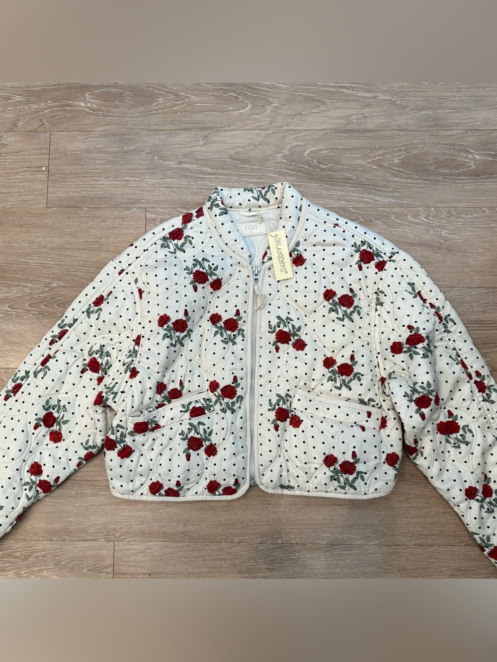 Blank NYC Cream Quilted Bomber Jacket with Red Rose Print Size Large